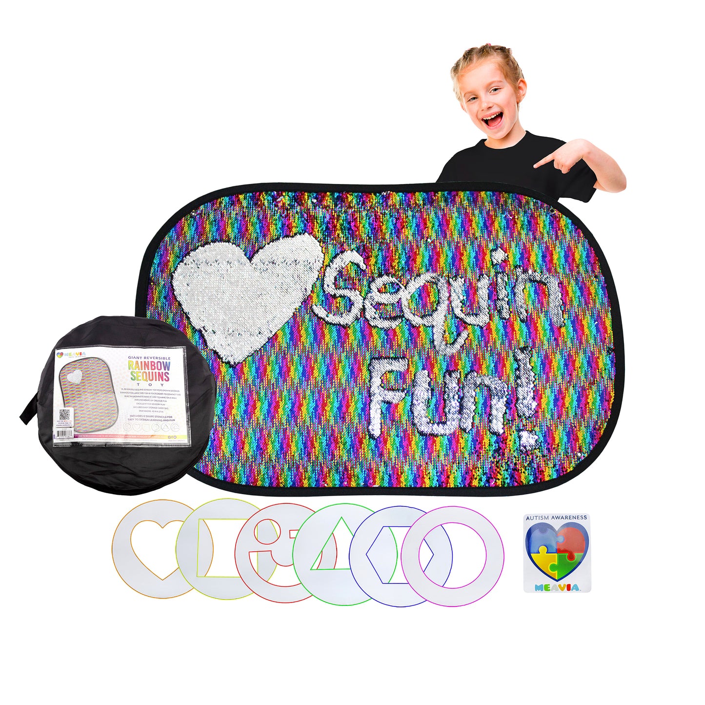 Reversible Sequins Wall Sensory Fun Toy W/ Shape Stencils & Travel Case