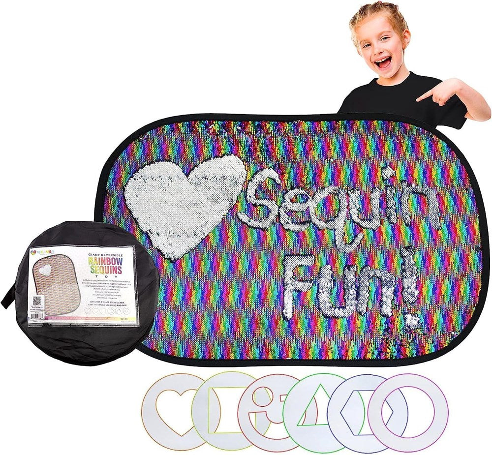 Giant Reversible Rainbow Sequins Toy with shape stencils and storage bag shown on a white background
