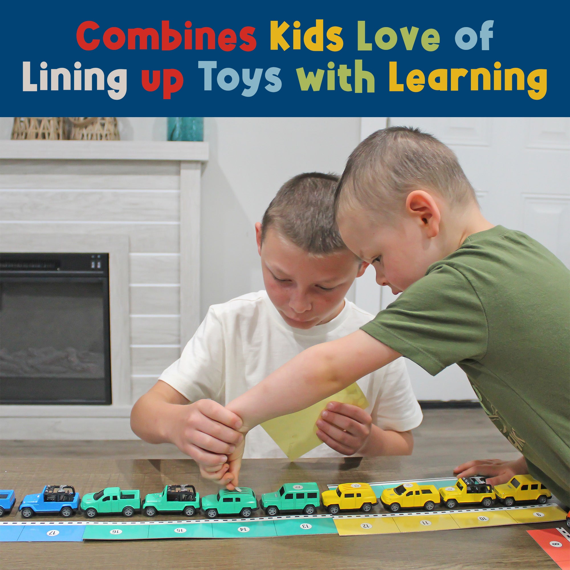 Two children working together to number and line up colorful MEAVIA toy cars using the guide strips