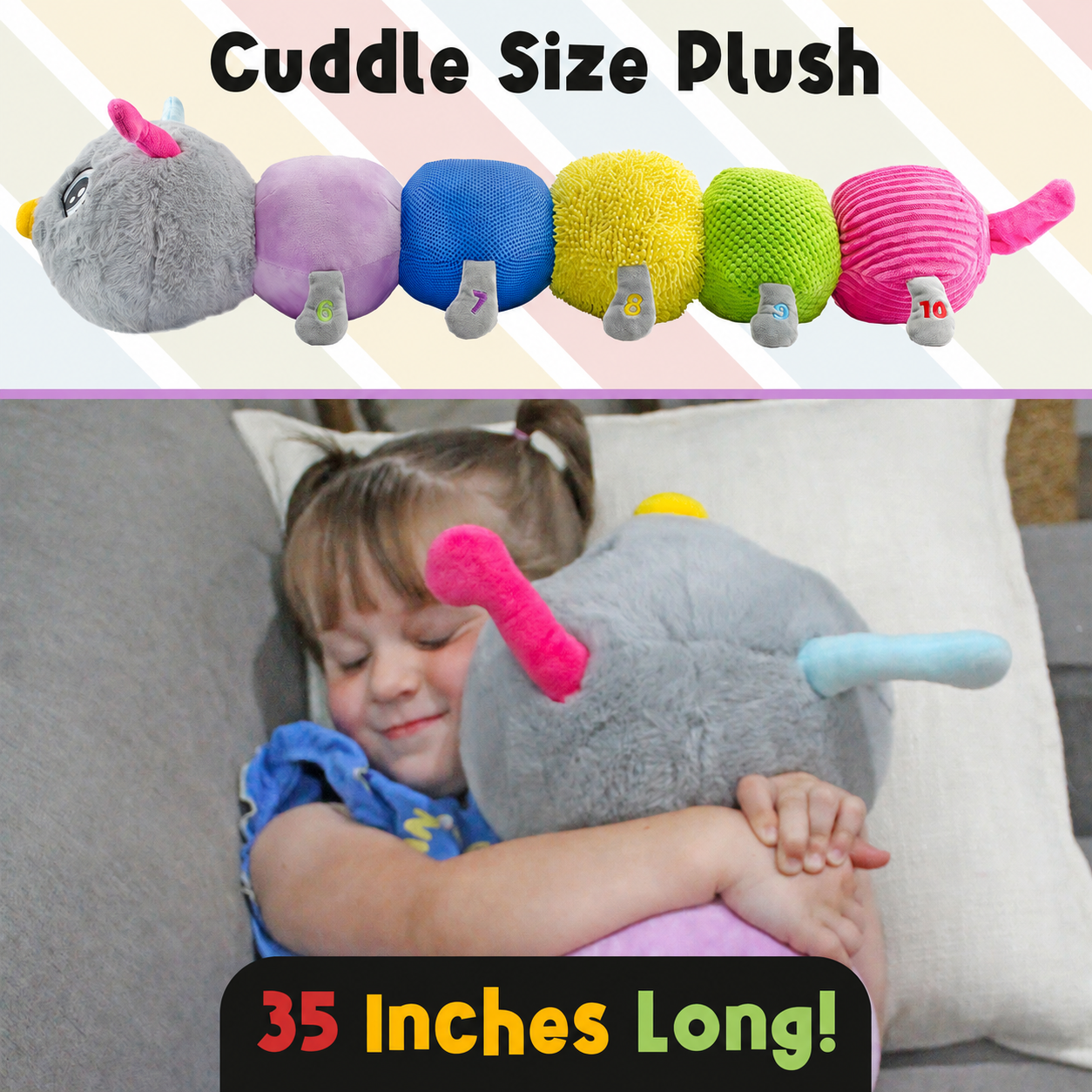 Child hugging the 35-inch CuddleBug vibrating sensory caterpillar beside a full-length product view