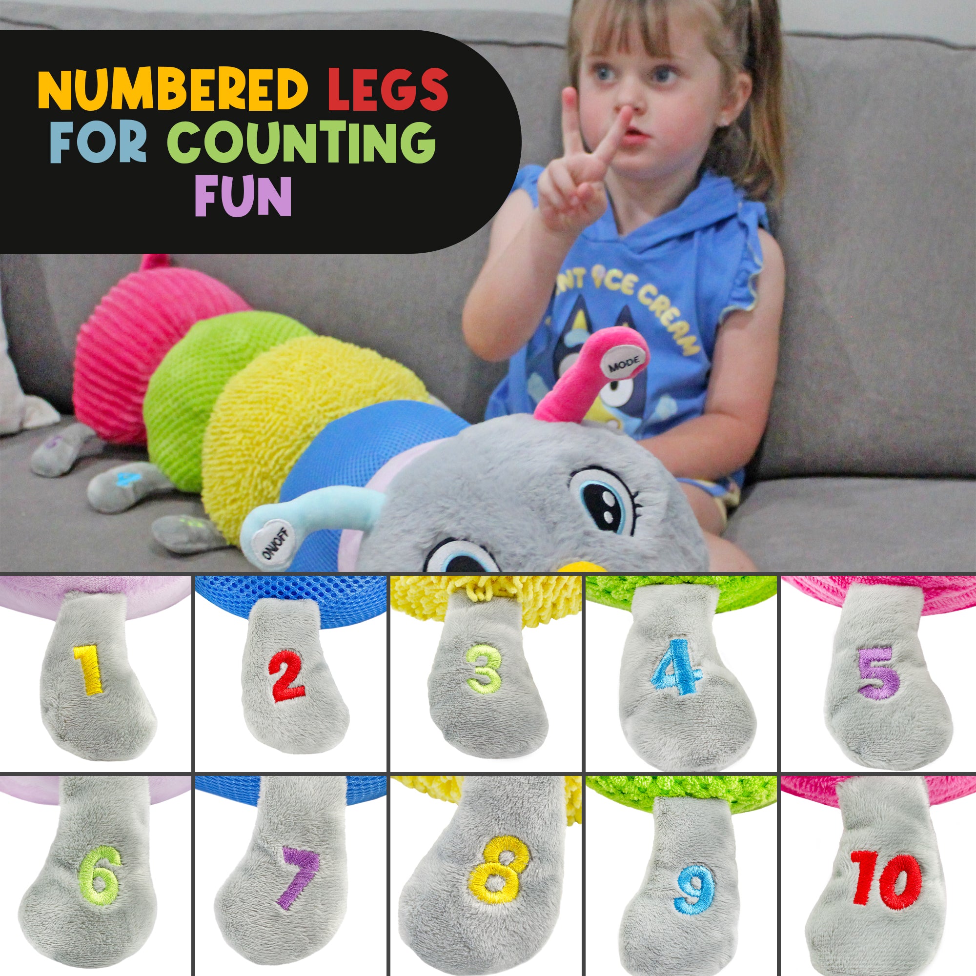 CuddleBug sensory caterpillar with numbered legs from 1 through 10 for counting activities