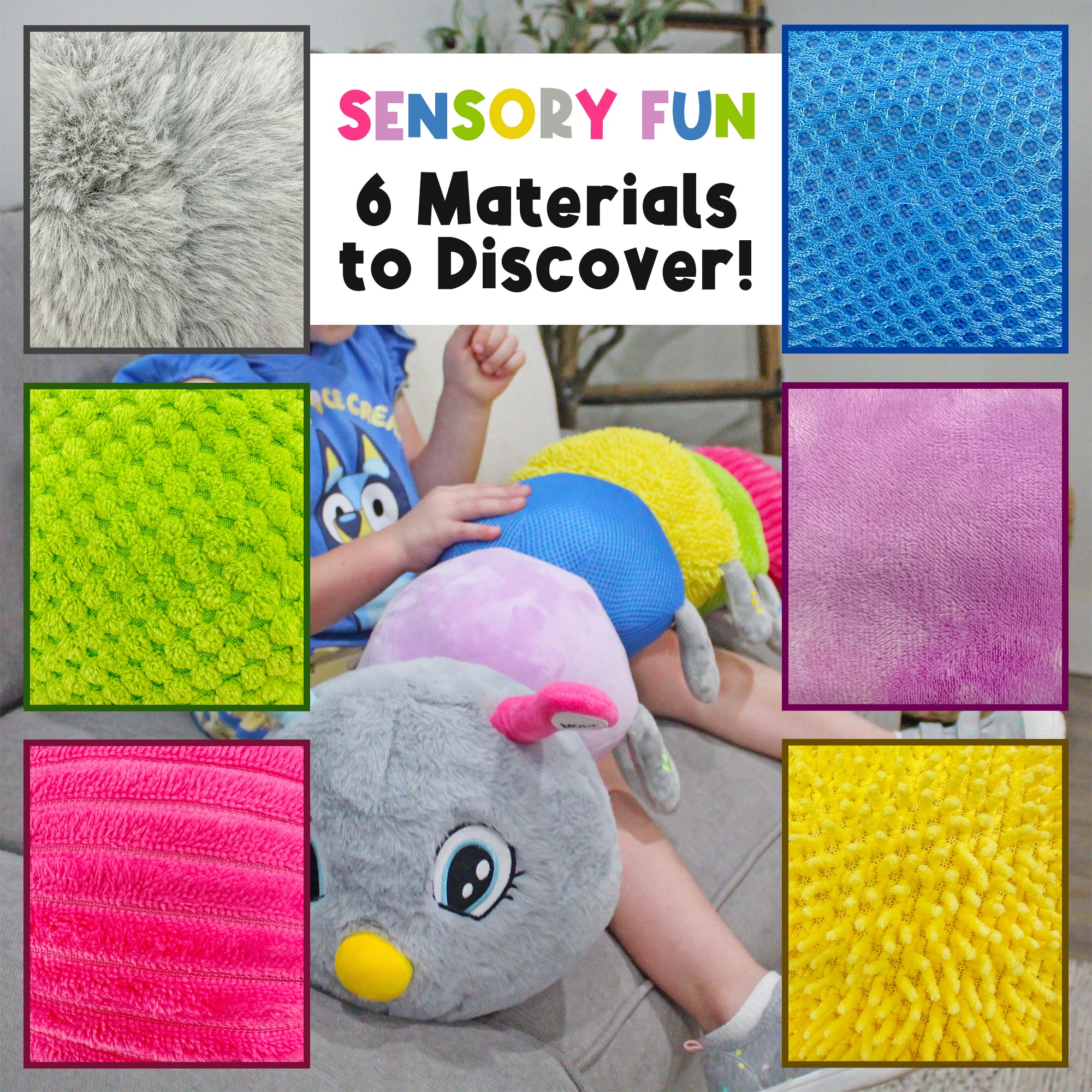 CuddleBug sensory caterpillar with close-up views of its six colorful tactile fabrics