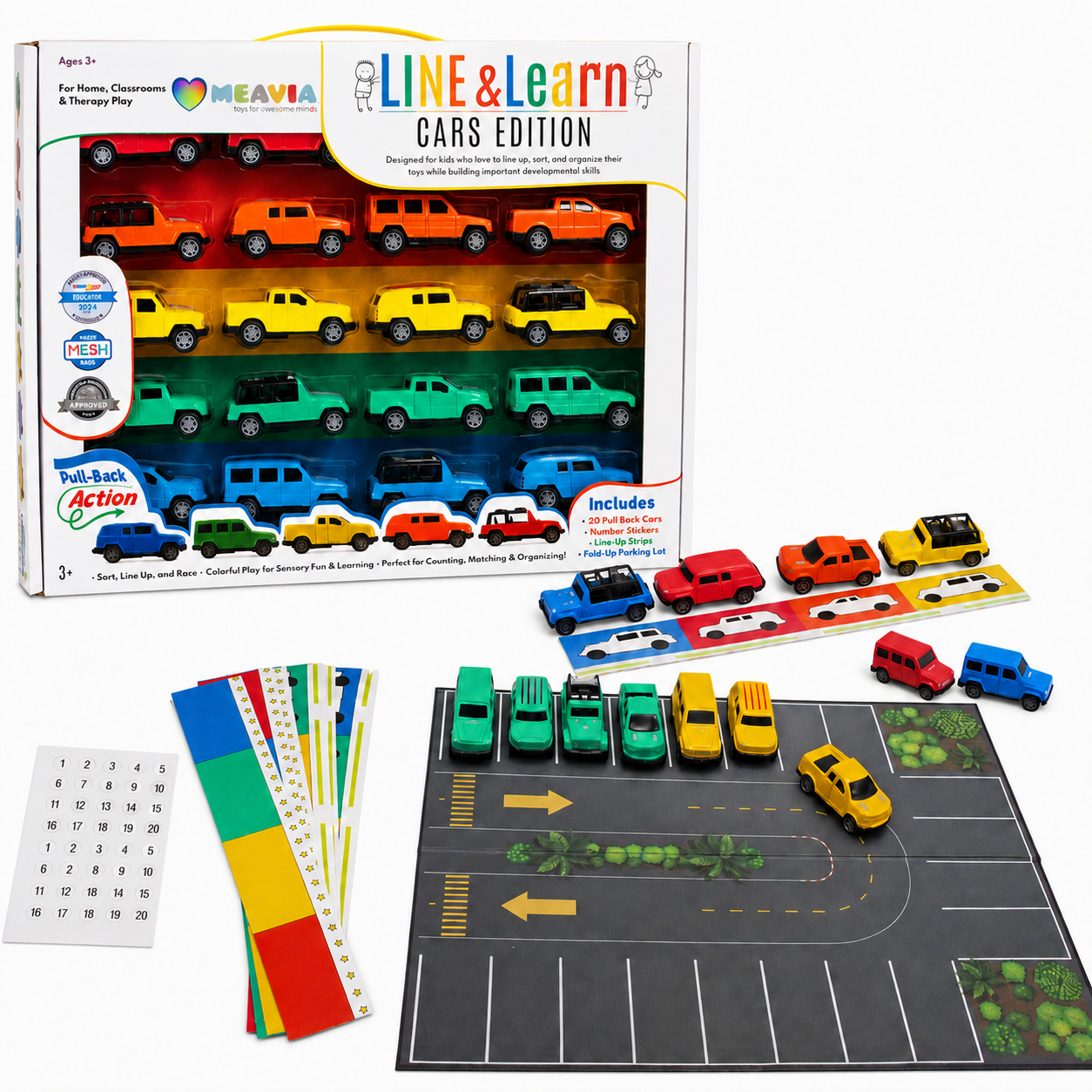 MEAVIA Line & Learn Cars Set of 20 with pull-back cars, fold-out parking lot, line-up guides and numbered stickers