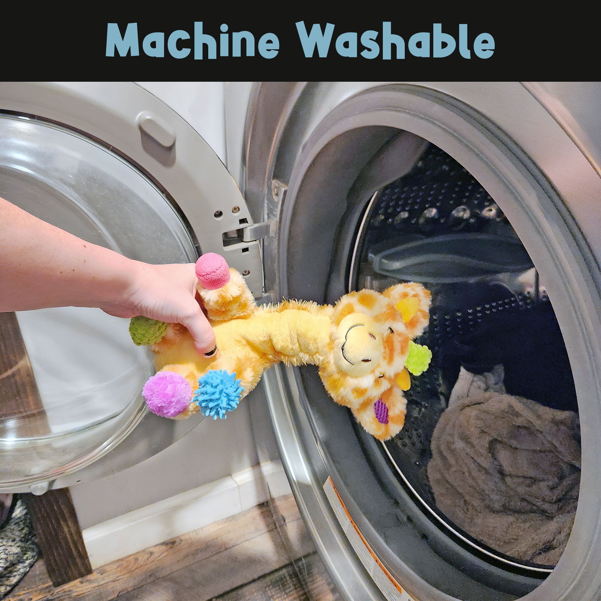 Patches the Mini Sensory Giraffe Plush being placed into a washing machine
