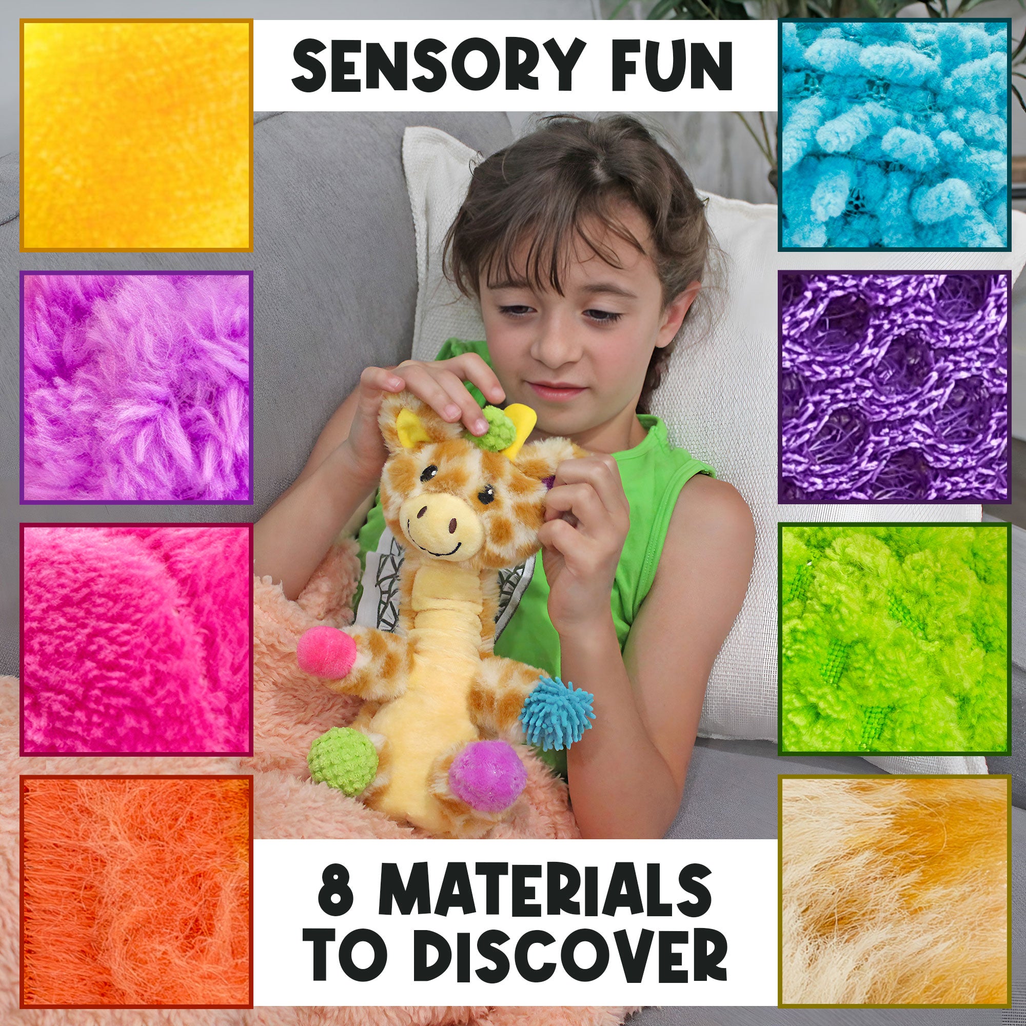 Child exploring Patches the Mini Sensory Giraffe Plush with eight different sensory textures