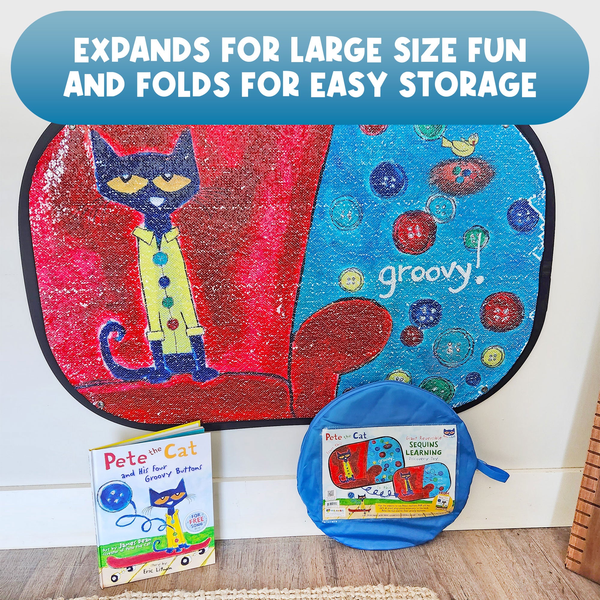 Pete the Cat Groovy Buttons Reversible Sequins Toy shown expanded with its compact storage bag