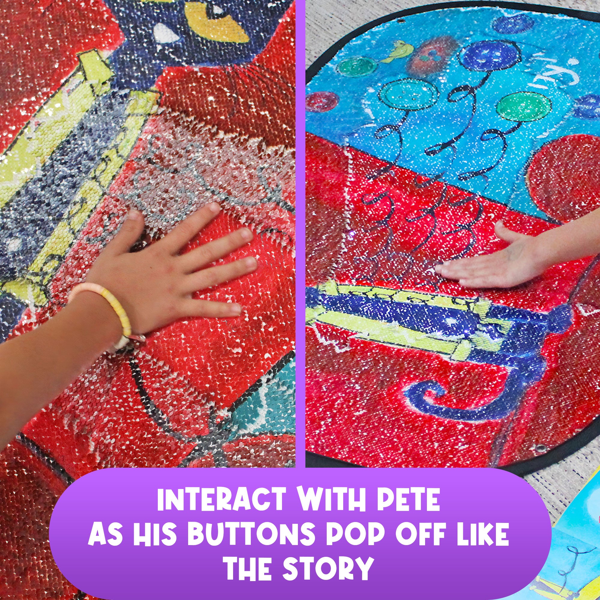 Hands swiping the reversible sequins to interact with Pete the Cat and his groovy buttons