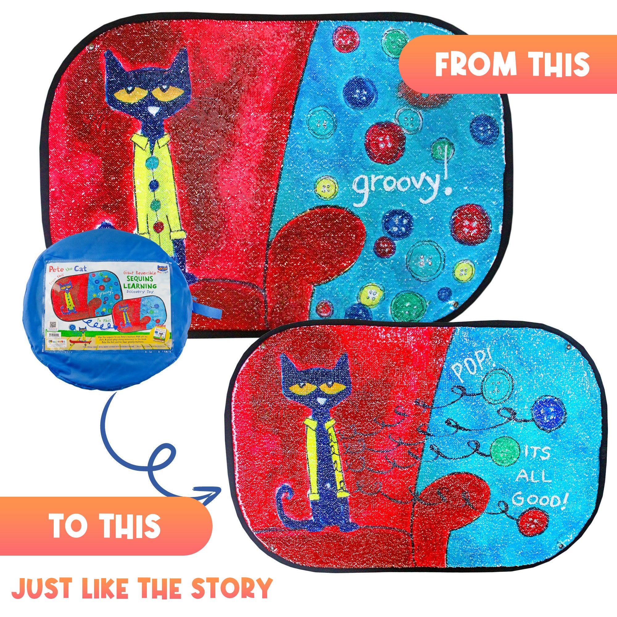 Pete the Cat reversible sequin toy showing how the button scene changes as the sequins are swiped