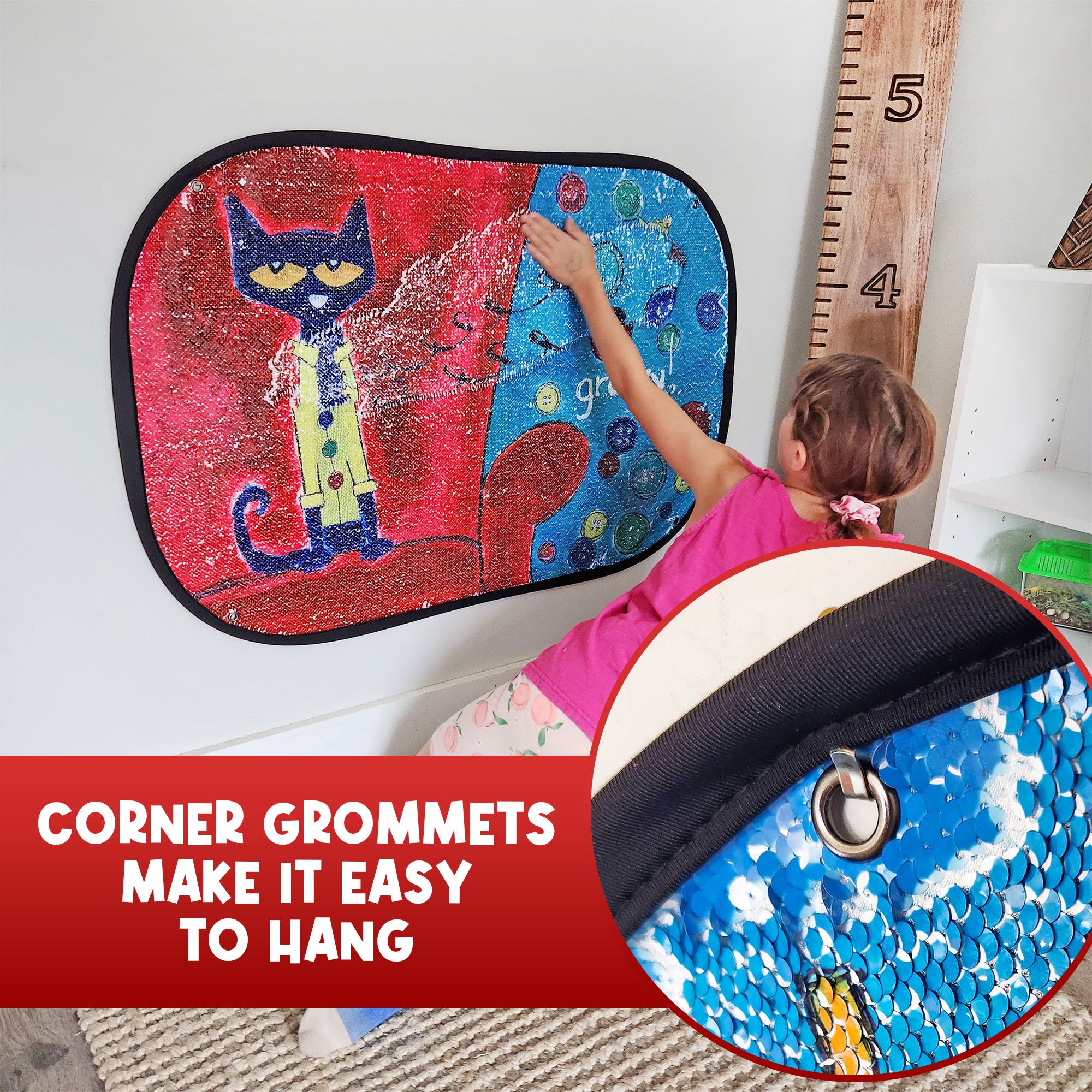 Pete the Cat Groovy Buttons Reversible Sequins Toy mounted on a wall with a close-up of a corner grommet