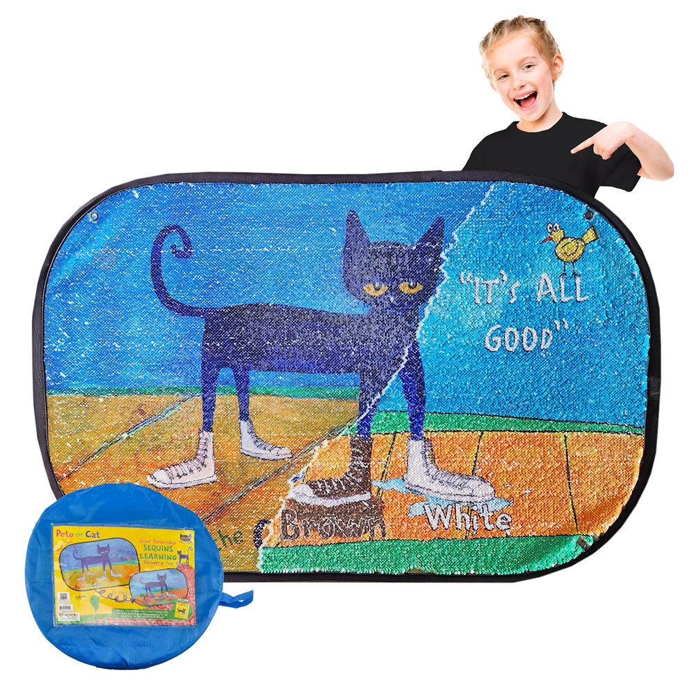Pete the Cat White Shoes Reversible Sequins Toy with colorful sequin surface and blue storage bag