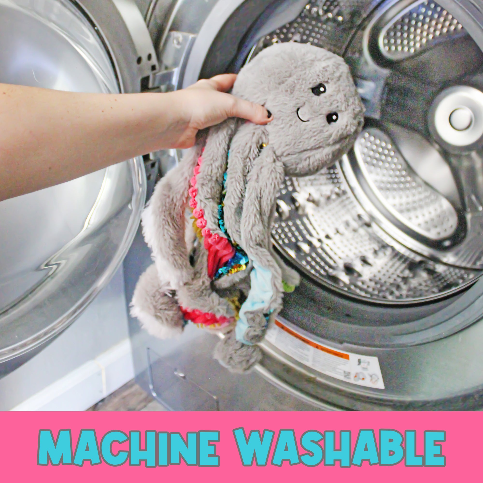 Quiggly the Weighted Sensory Octopus Plush being placed into a washing machine