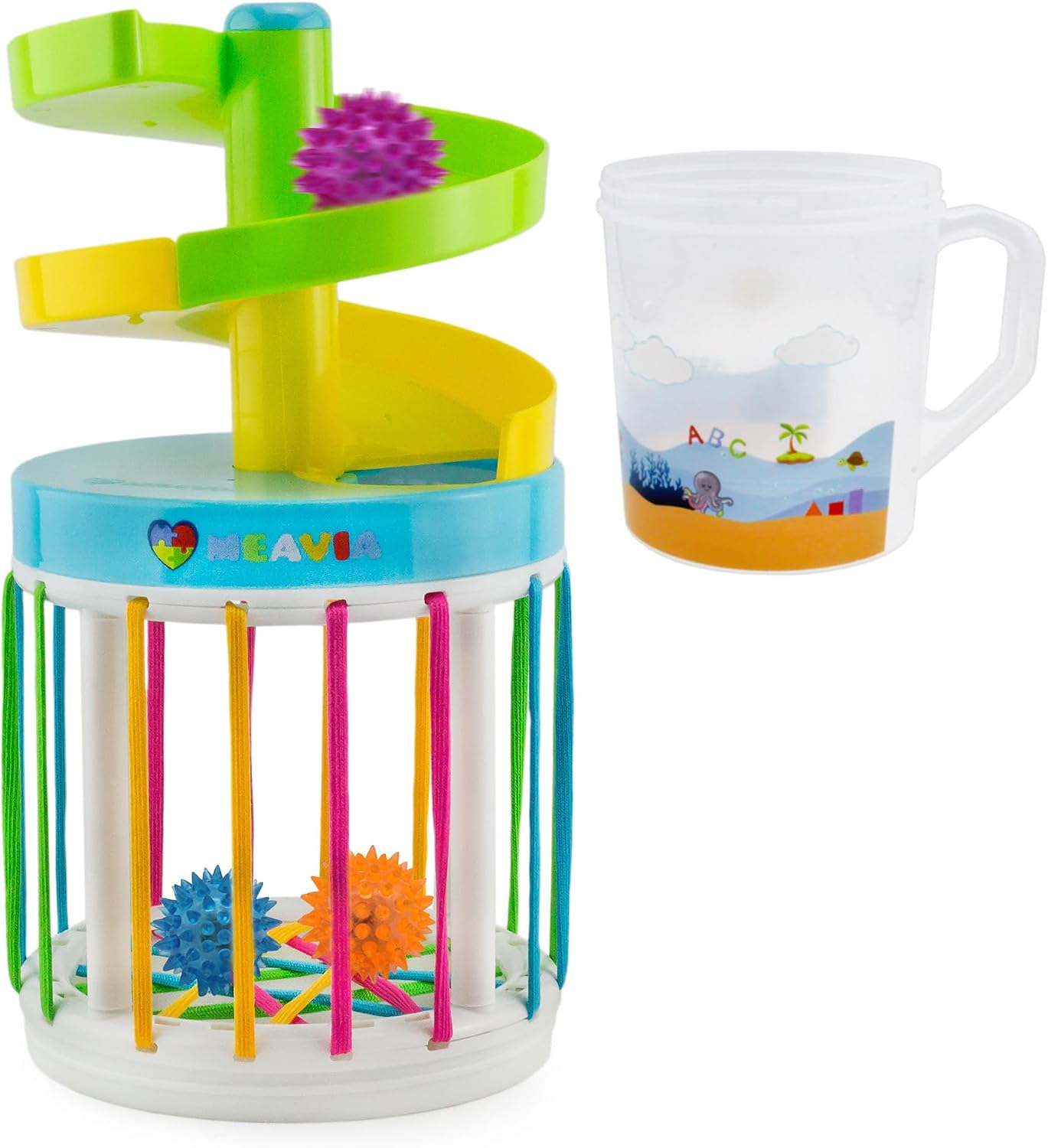 MEAVIA Roll & Drop Sensory Toy assembled with the spiral ramp and string bin beside the water-play jug